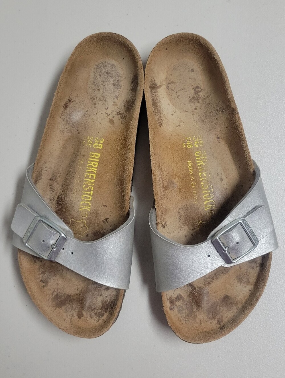Birkenstock Madrid Silver Single-Strap Slide Sandals Size 38.